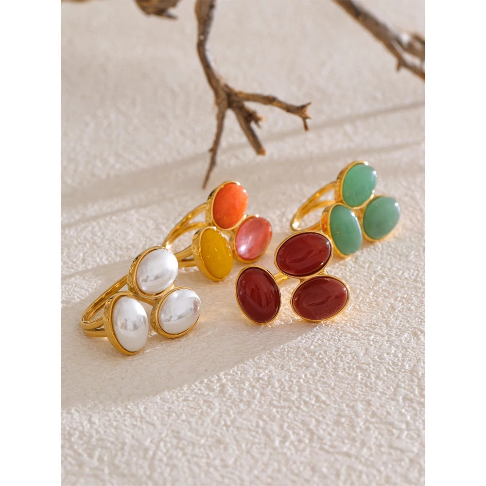 Natural Aventurine Agate Stone Shell Pearl Flower Adjustable Ring Fashion Stainless Steel Charm Finger Jewelry Accessories
