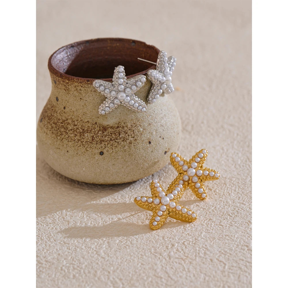 Ocean Style Imitation Pearls Starfish Stud Earrings Stainless Steel Casting Exquisite Summer Holiday Beach Jewelry Gift