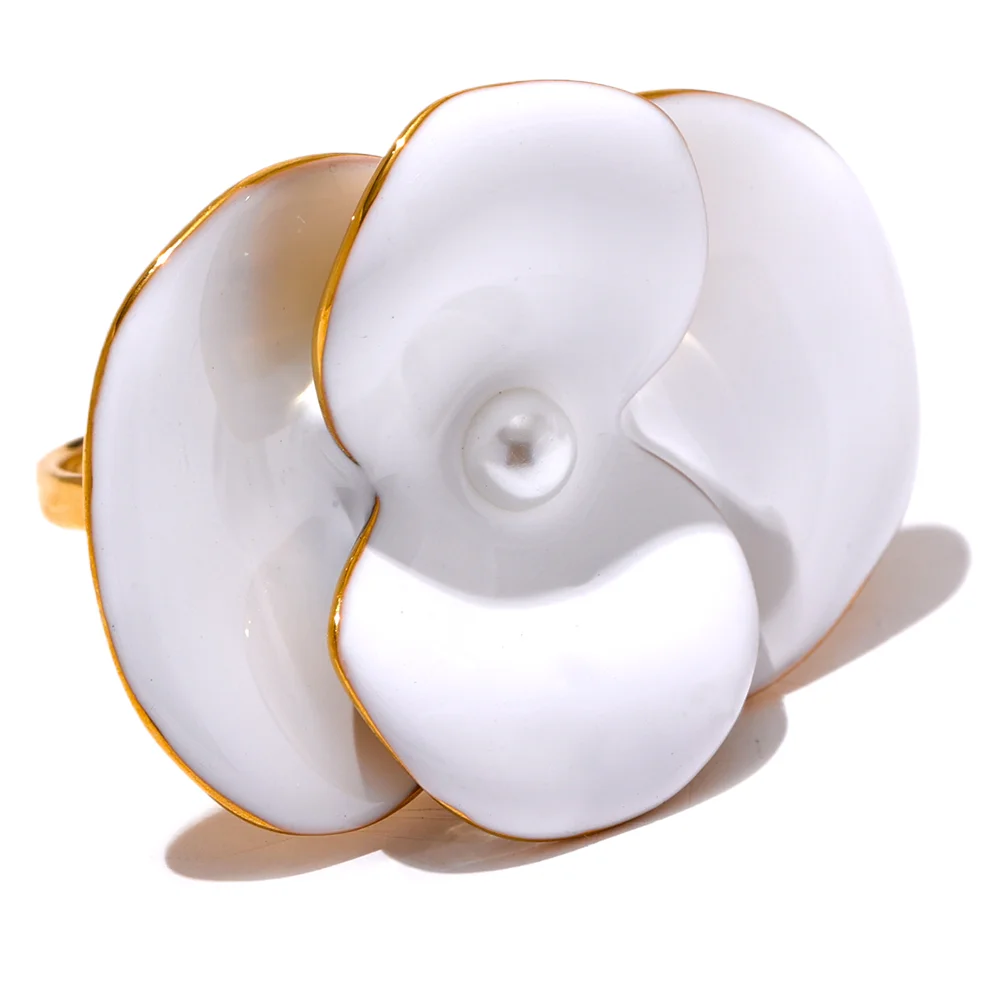 Exquisite White Enamel Flower Fashion Chic Adjustable Ring for Women Stainless Steel Waterproof Temperament Jewelry Gift