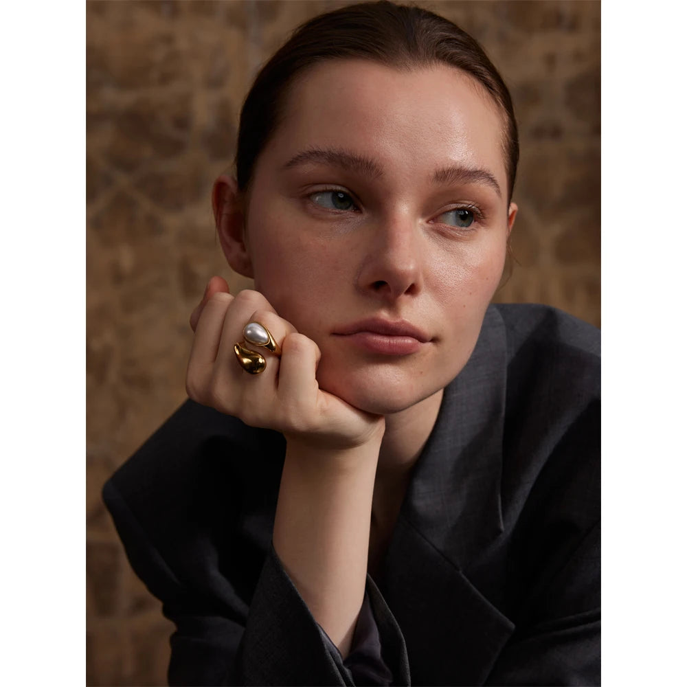Fashion Imitation Pearl Water Drop Finger Adjustable Ring Women 316L Stainless Steel Elegant Gold Platinum Plated Jewelry