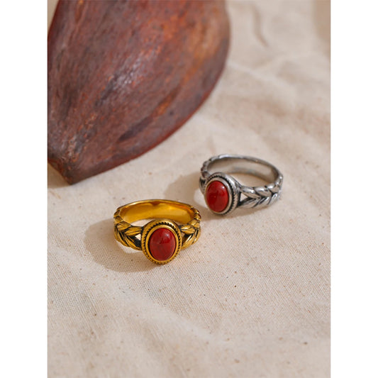 Retro Stainless Steel Red Gold Color Smearing Black Natural Stone Ring 18K PVD Plated Rust Proof Vintage Finger Jewelry