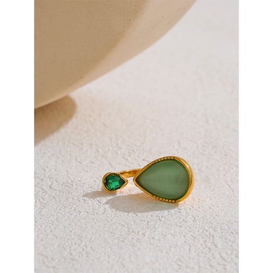 Arrival Green Natural Stone Zirconia Water Drop Geometric Golden Ring for Women Stainless Steel Stylish Jewelry Gift