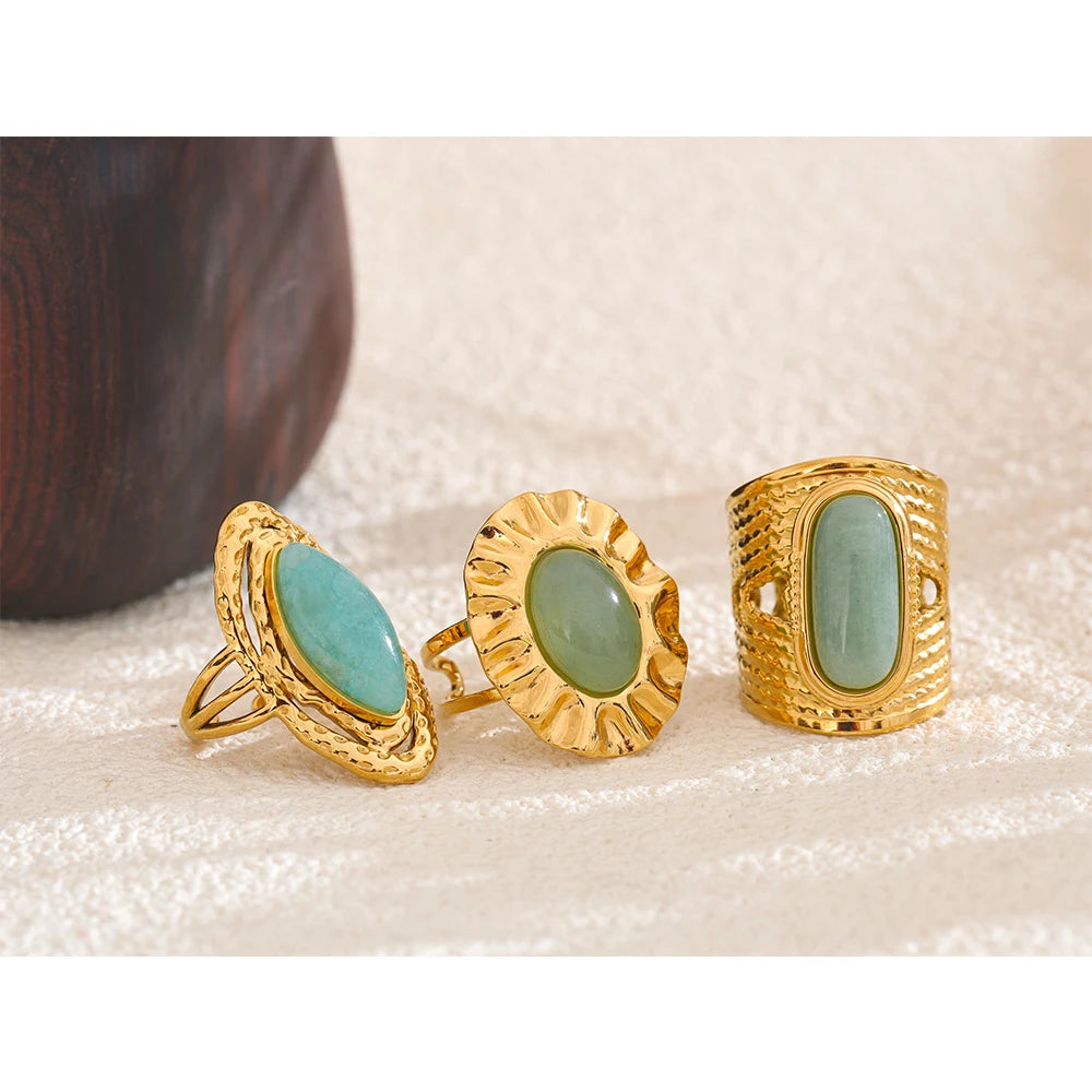 Green Natural Stone Fashion Open Ring Adjustable Stainless Steel Golden Geometric Daily Statement Jewelry Accessories Gift