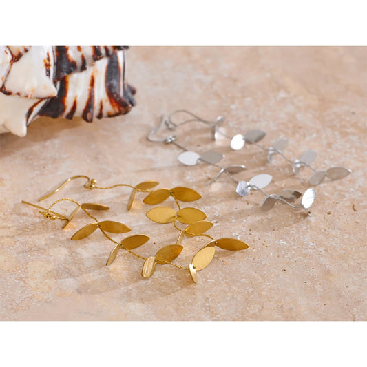 Vintage Retro Old Stainless Steel Leaf Long Hanging Drop Earrings PVD Plated Prevent Allergy Metal Stylish  Jewelry France