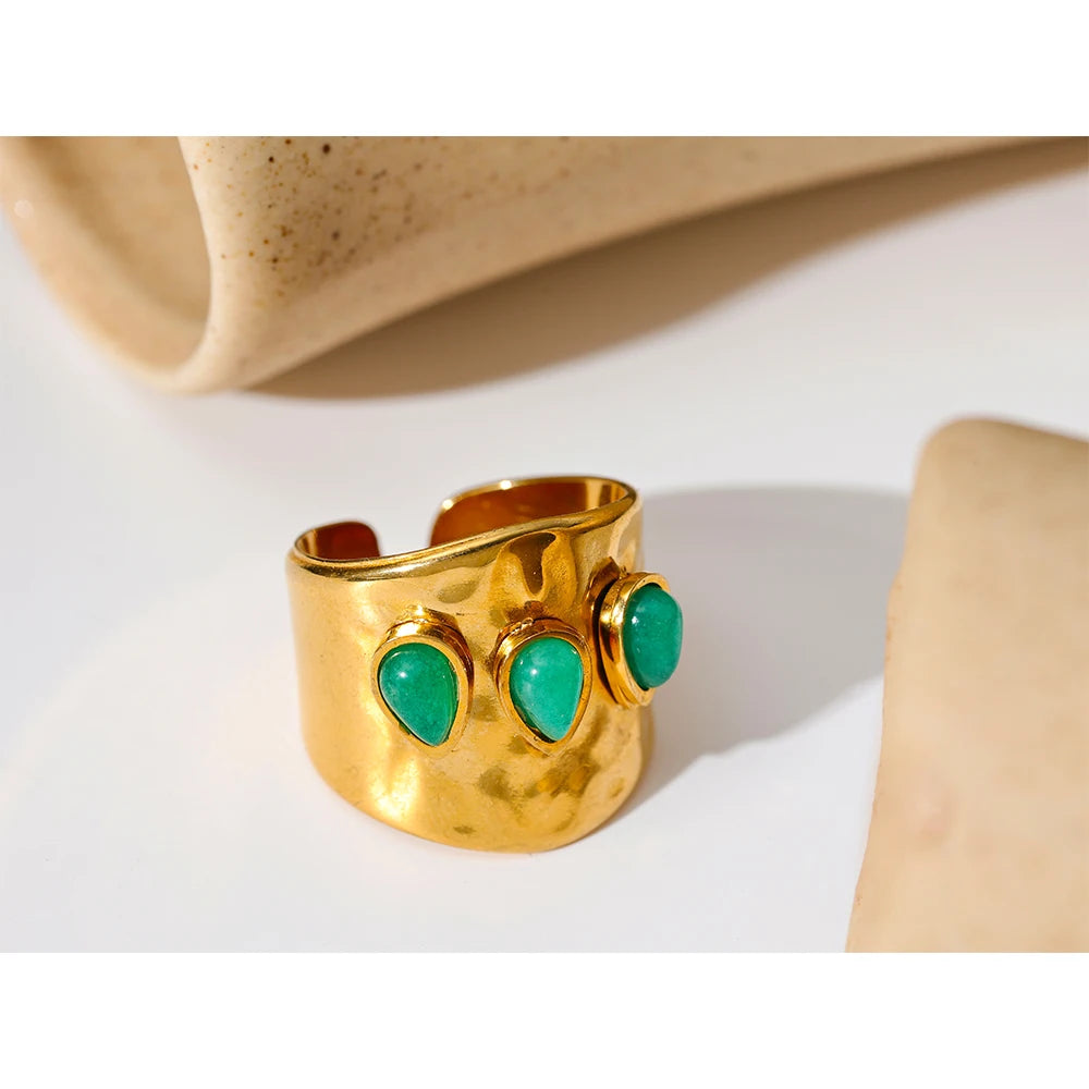 Green Natural Stone Stainless Steel 18k Gold Plated Metal Fashion Wide Ring Charm Texture Waterproof Jewelry for Women
