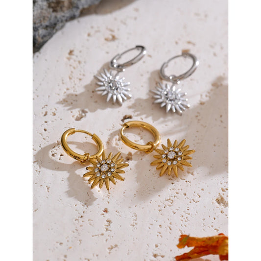 Exquisite Inlaid Zirconia Sun Drop Hoop Earrings for Women Stainless Steel Delicate Daily Jewelry Hypoallergenic