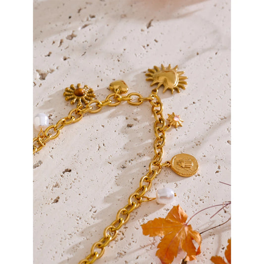 Summer Sun Heart Drop Charms Necklace Trendy Stainless Steel Handmade Collar Golden PVD Jewelry Waterproof for Women