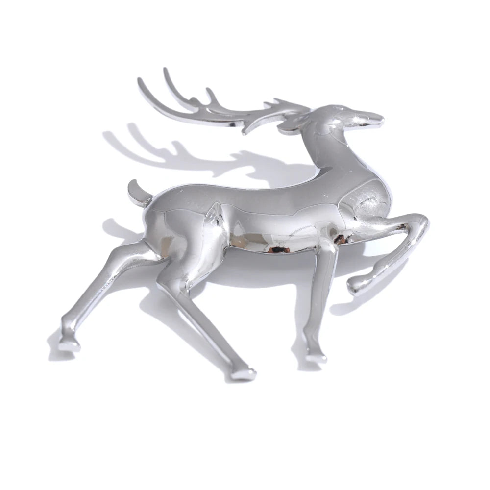 Stainless Steel Christmas Deer Brooches Pin 18K PVD Plated Waterproof Unisex Jewelry for Women Men Animal Lucky Accessory