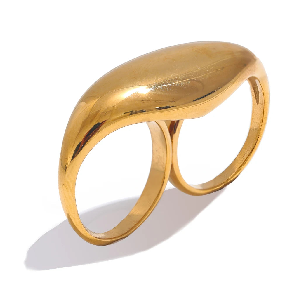 Stainless Steel Metal Double Finger Geometric Ring Personality Rust Proof Attractive Big Exaggerated Jewelry Gift