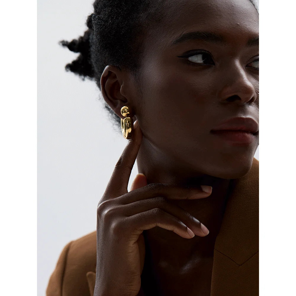 Stainless Steel C Shape Round Chunky Unusual Earrings Jewelry Waterproof Metal Texture Attractive Women Accessories Gift