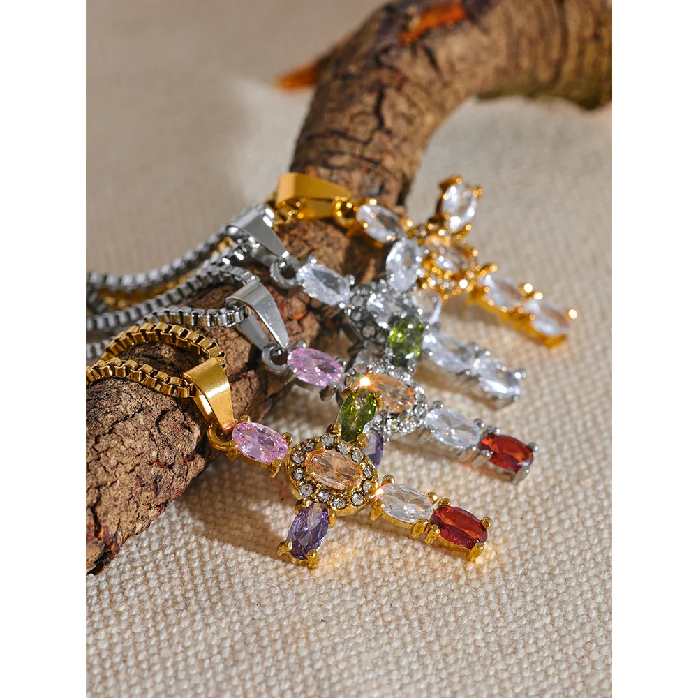 Delicate Colorful Bling Cubic Zirconia Cross Pendant Stainless Steel Luxury Necklace High-Grade Fashion Shiny Jewelry Gift