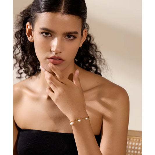 Natural Pearls Double Layer Chain Stainless Steel Charm Bracelet Bangle Women Stylish Summer Jewelry Waterproof