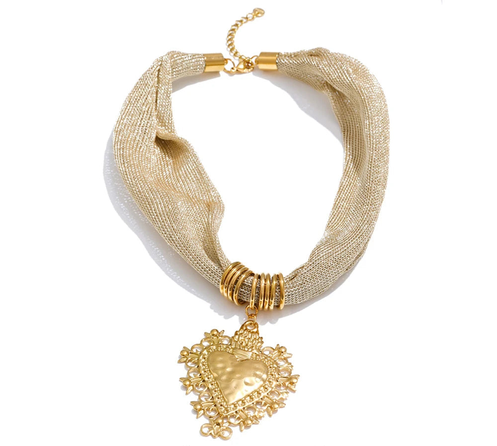 New Style Polyester Cloth Chain Heart Pendant Necklace for Women Stainless Steel Fashion Jewelry Autumn and Winter 2025
