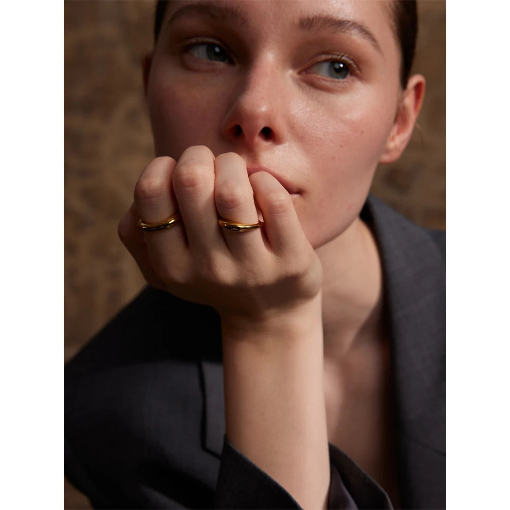 Two Styles Same Series Minimalist Unique Stainless Steel Chic Textured Golden Ring 18K PVD Plated Japan Exquisite Jewelry