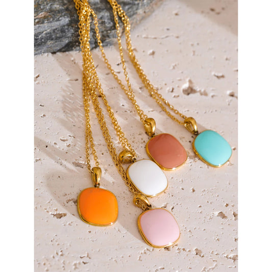 Candy Color Sweet Square Pendant Necklace Stainless Steel Gold Color PVD Plated Basic Fashion Jewelry for Women for Girl
