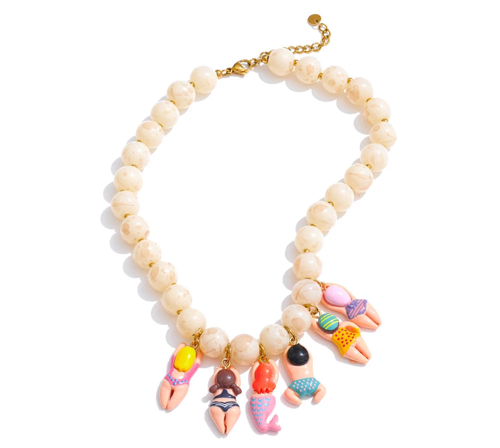 Stylish Unique Handmade Jewelry Glass Imitation Stone Beads Chain Resin Bikini Doll Drop Creative Necklace Accessories
