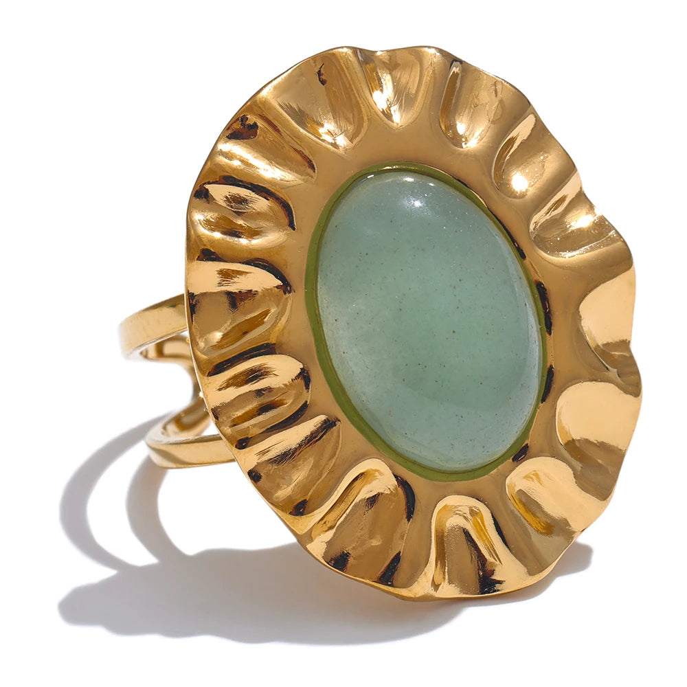 Green Natural Stone Fashion Open Ring Adjustable Stainless Steel Golden Geometric Daily Statement Jewelry Accessories Gift
