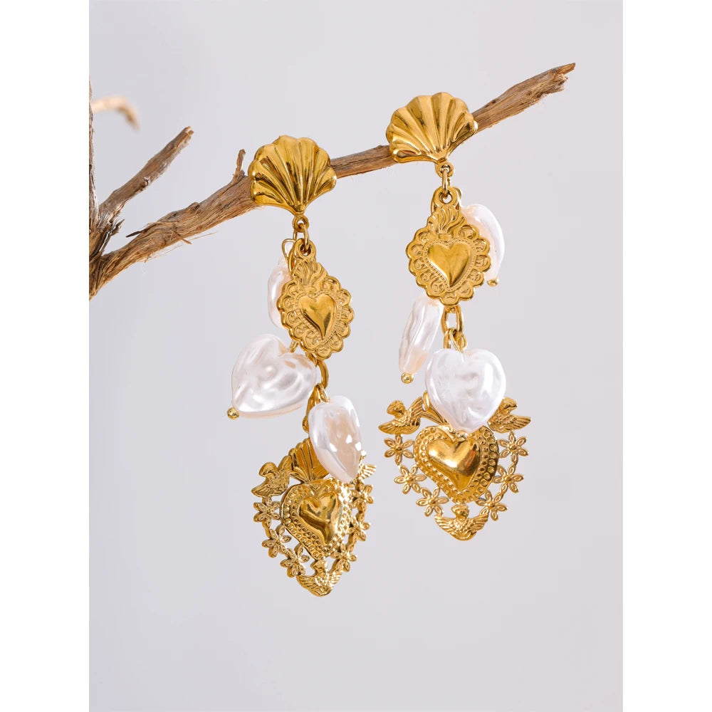 Baroque Imitation Pearls Heart Love Drop Dangle Manual Earrings Golden PVD Plated Stainless Steel Charm Statement Jewelry