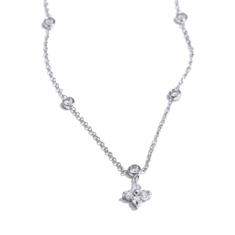 Chic Cubic Zirconia Flower Pendant Exquisite Necklace for Women Stainless Steel Delicate Daily Sweet Jewelry Accessories