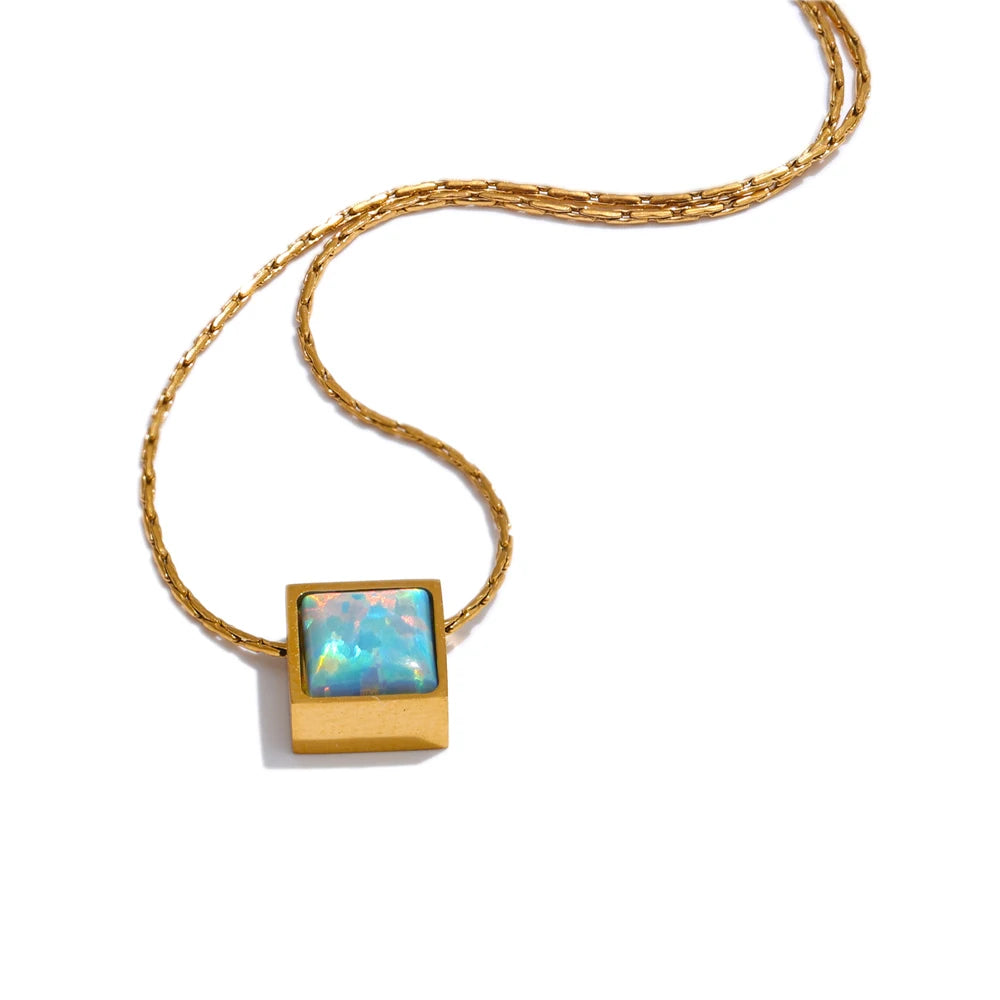 Delicate Stainless Steel Square Natural Opal Stone Pendant Necklace Chain Stylish Dainty Golden Collar Chic Jewelry Gift