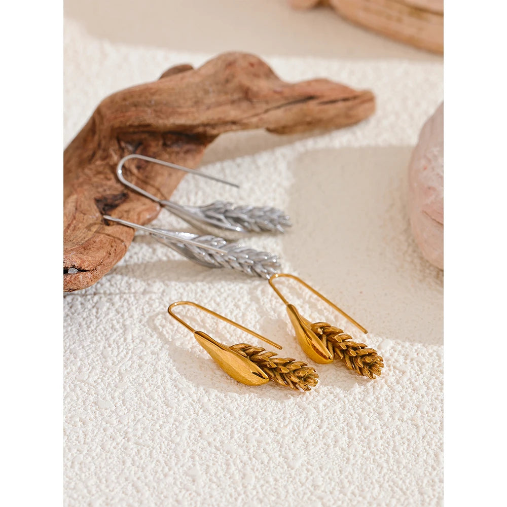 New 316L Stainless Steel Ear of Wheat Fashion Earrings 18K Gold Plated Water Resistant Personal Statement Jewelry Women