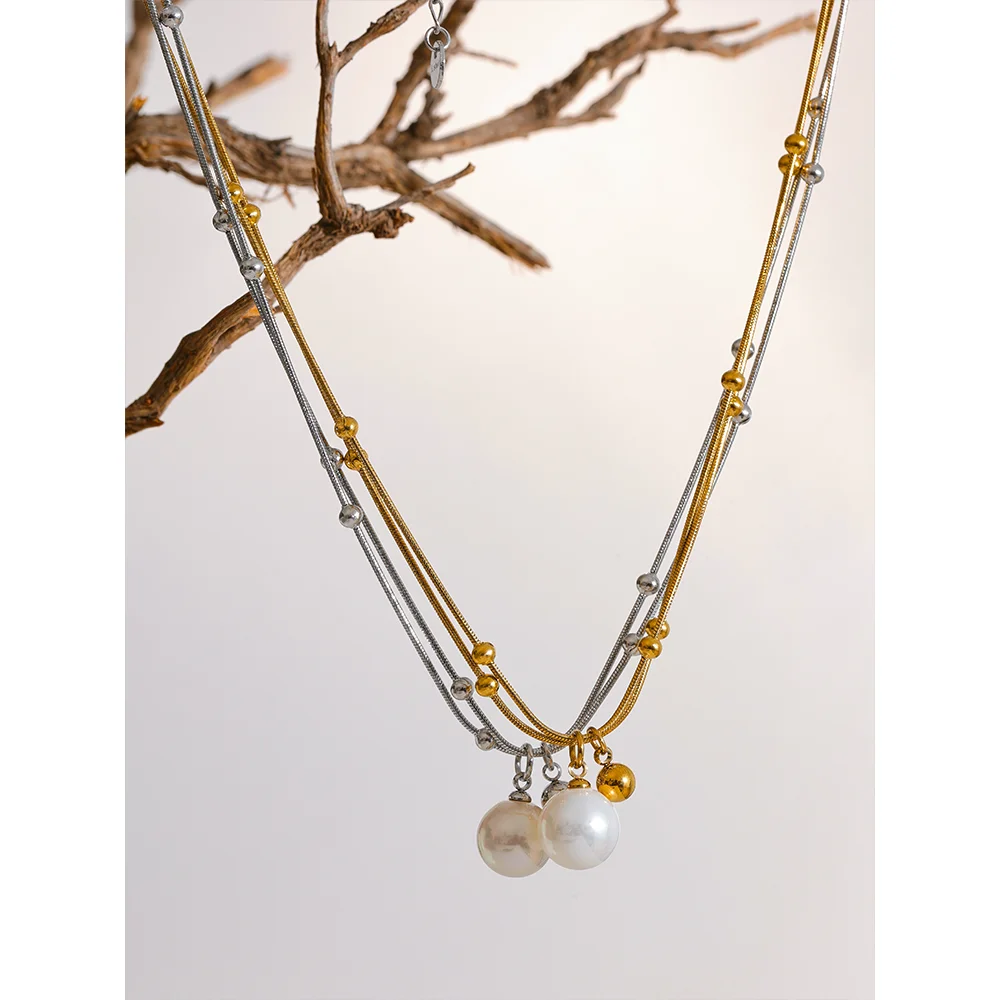 Elegant Imitation Pearls Stainless Steel Round Beads Chain Pendant Necklace for Women Gold Silver Color Korean Jewelry
