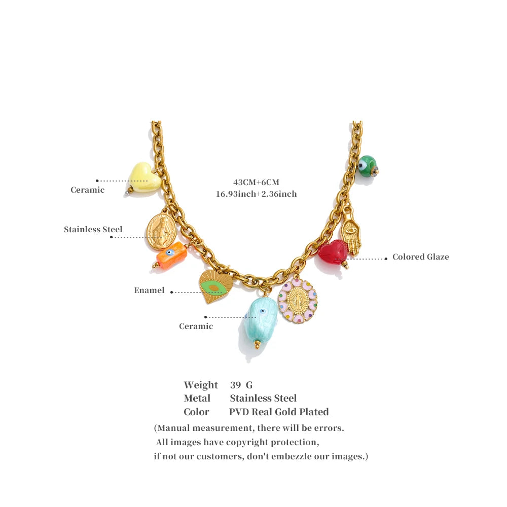 Trendy Stainless Steel Ceramic Eye Heart Charms Pendant Drop Necklace Golden PVD Plated Fashion Collar Charm Jewelry Gift