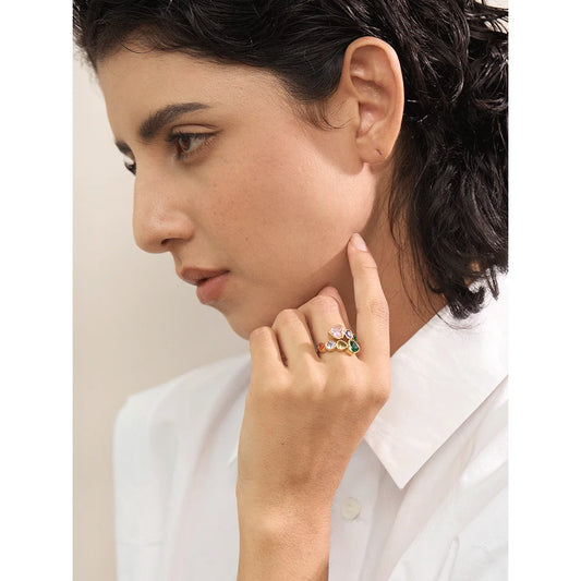 Delicate Cubic Zirconia Heart Stainless Steel Gold Color Adjustable Fashion Open Ring High Quality Chic Charm Jewelry