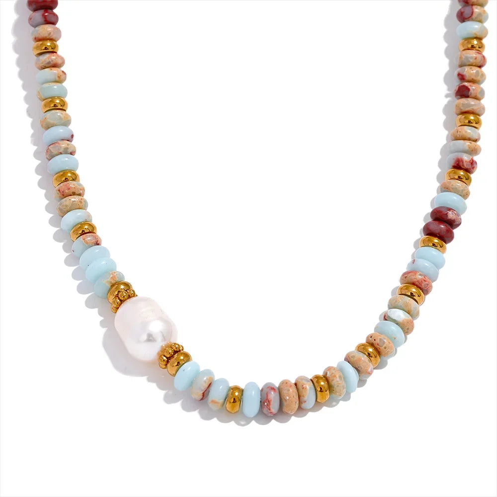 Trendy Natural Stone Freshwater Pearl Collar Chain Necklace Stainless Steel Handmade Stylish Beads Jewelry Bijoux Gift