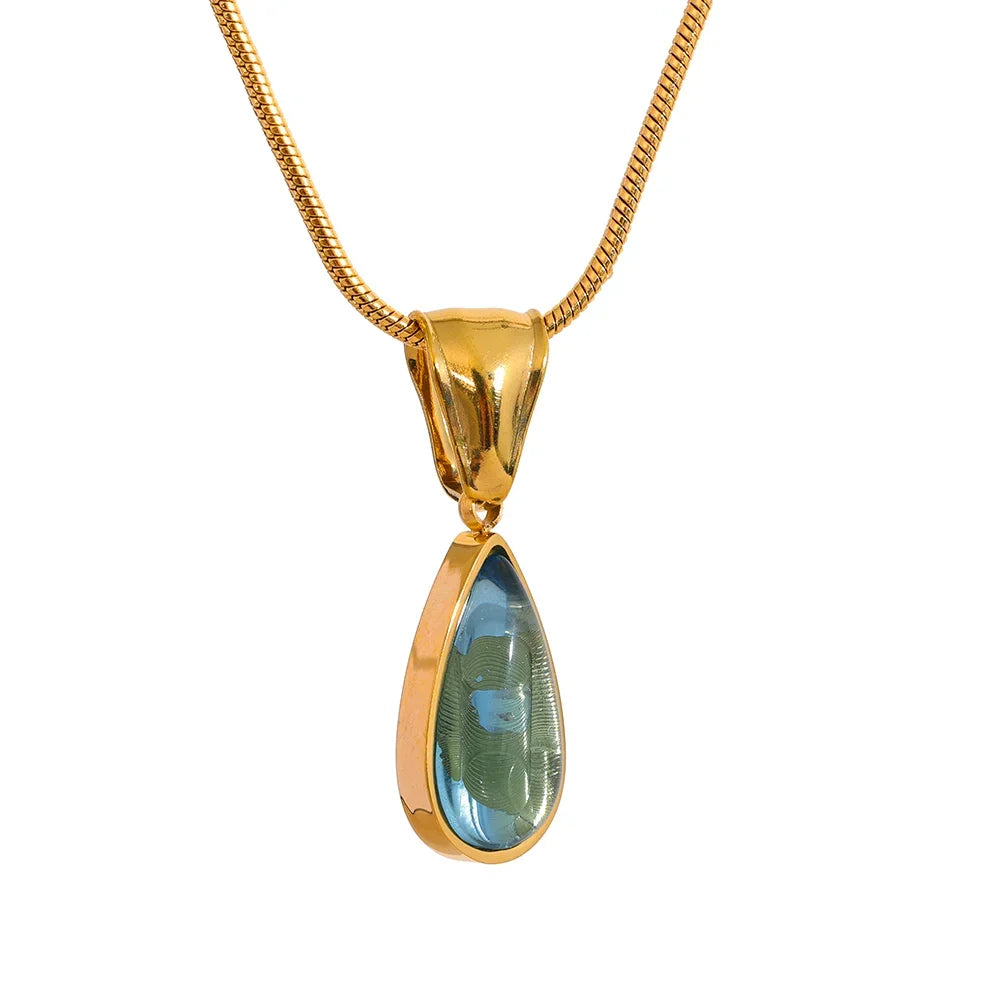 Stylish Green Glass Crystal Water Drop Pendant Necklace for Women 316l Stainless Steel Cast Gold Color Fashion Jewelry New