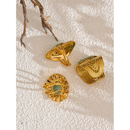 Green Natural Stone Fashion Open Ring Adjustable Stainless Steel Golden Geometric Daily Statement Jewelry Accessories Gift