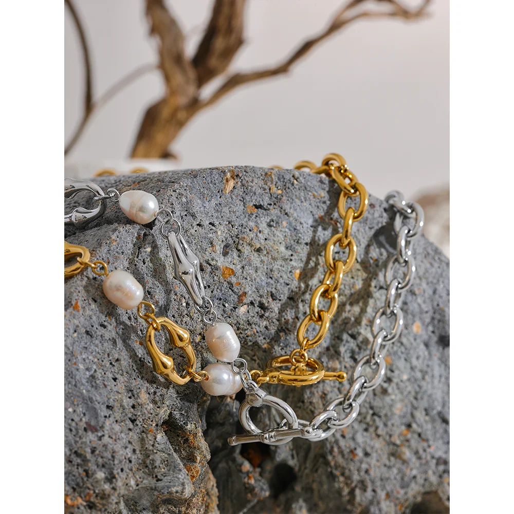 High-Grade Natural Freshwater Pearls Metal Chain Fashion Necklace Trendy 18K PVD Plated Attractive Women Jewelry Gift