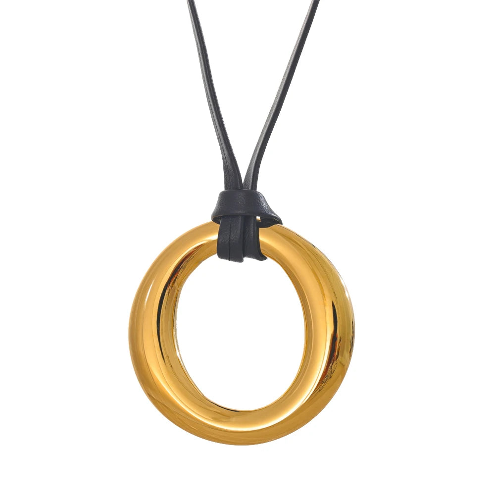 Long PU Leather Stainless Steel Round Pendant Fashion Bib Necklace Minimalist Tarnish Free for Women Stylish Trend Jewelry