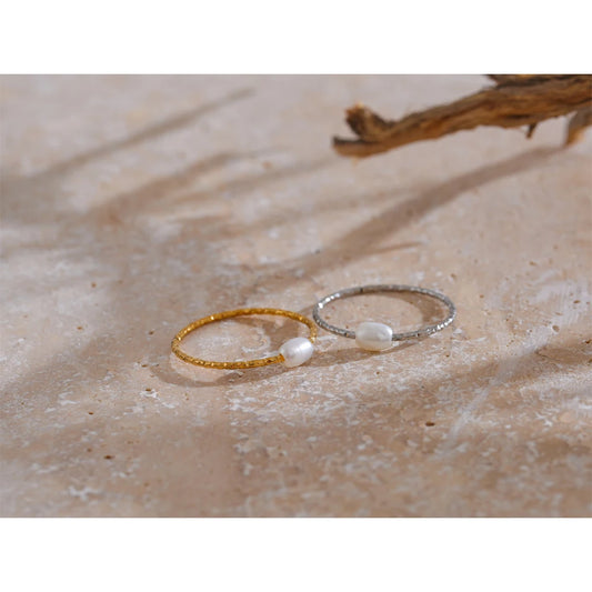 Trendy Stainless Steel Natural Pearl Thin Finger Ring for Women Summer Versatile Daily Jewelry Accessories Gift