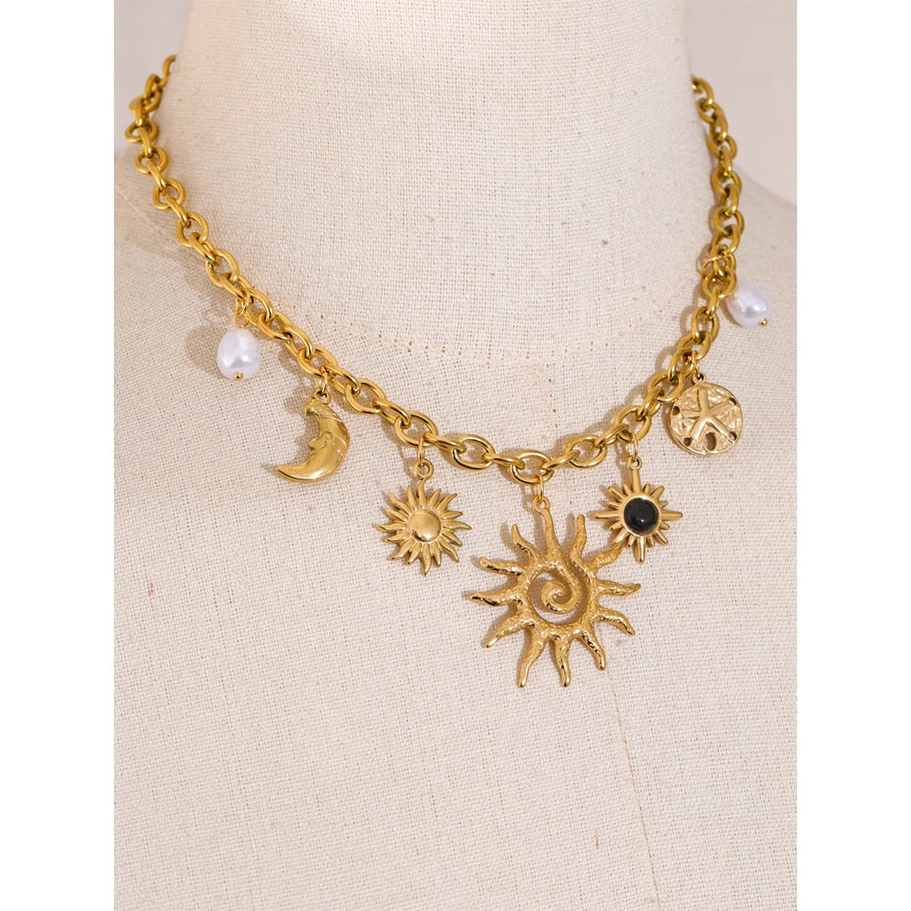Trendy Starfish Moon Sun Shaped Pendant Charm Necklace Statement Stainless Steel Golden Chain Fashion Jewelry PVD Plated