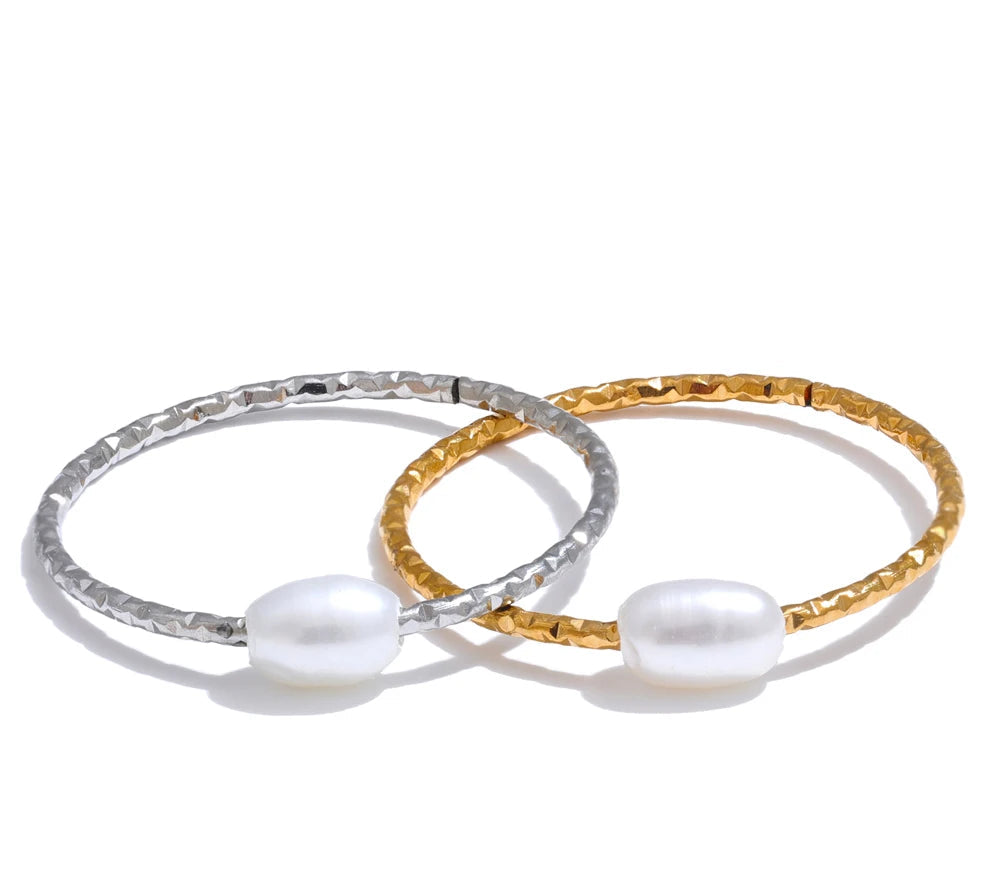 Trendy Stainless Steel Natural Pearl Thin Finger Ring for Women Summer Versatile Daily Jewelry Accessories Gift