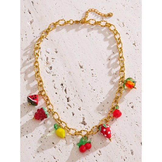 Sweet Spring Summer Colored Glaze Fruit Charm Pendant Necklace Gold Color Stainless Steel Trendy Jewelry for Girls Ladies