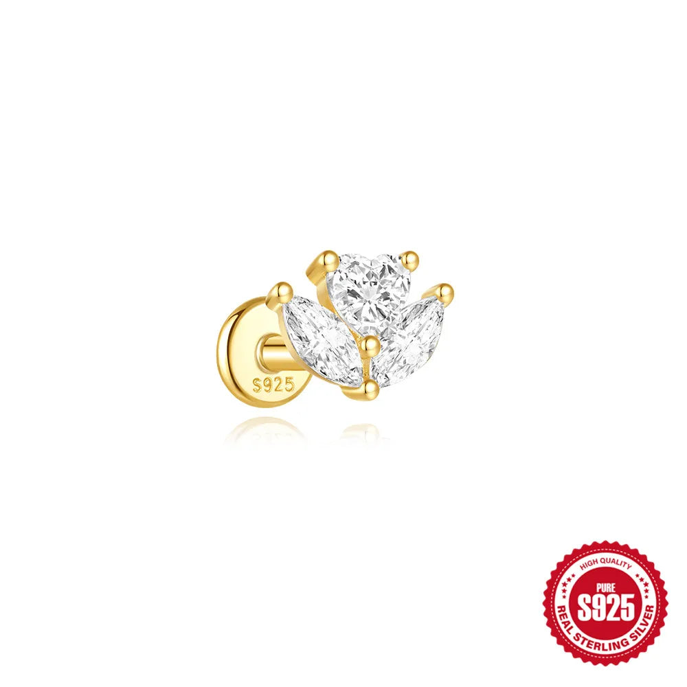 CANNER 1Pc 925 Silver Smooth Stars Moon Stud Earrings For Women 18K Gold Flat Head Threaded Puncture Ear Bone Ins Fine Jewelry