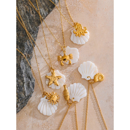 Summer Ocean Style Shell Starfish Conch Pendant Necklace 18K Gold Color Plated Waterproof Charm Jewelry Gift