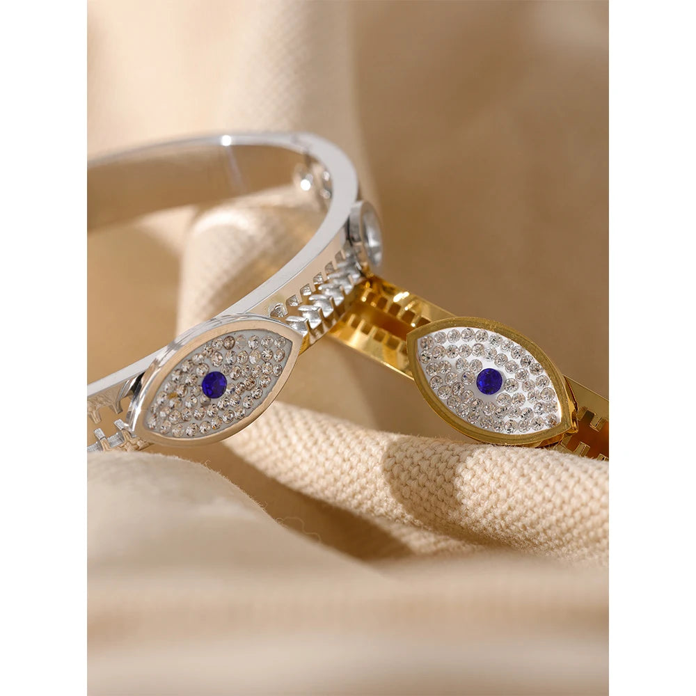 60mm Statement Evil Eye Stainless Steel Metal Cubic Zirconia Real Gold Plated Bangle Bracelet for Women Fashion Jewelry