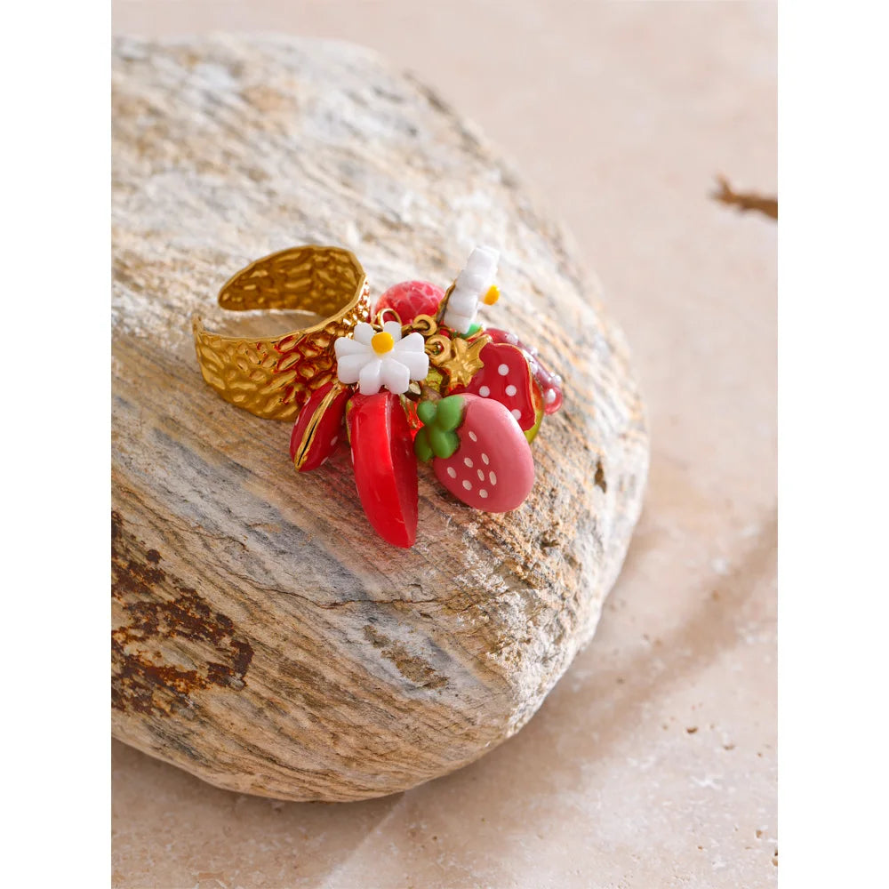 Exclusive Design Strawberry Cherry Chilli Shell Resin Drop Open Adjustable Ring 18K Golden Stainless Steel Charm Jewelry