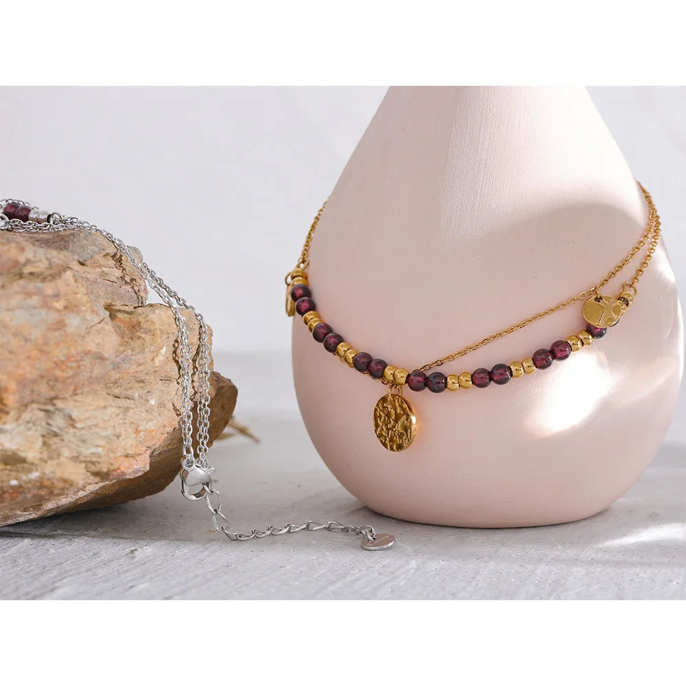 Stainless Steel Layered Summer Anklet Chic Stylish Jewelry Fashion Natural Garnet Stone Beads Handmade Chain Women