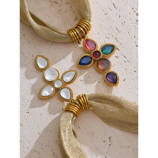 White Colorful Shiny Glass Cross Pendant Necklace for Women Stainless Steel Polyester Chain Exquisite Jewelry Gift