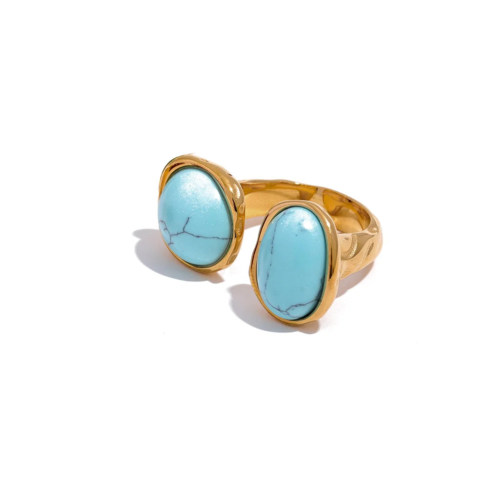 Size 7 Vintage France Natural Stone Stainless Steel Cast Geometric Big Ring Women Fashion Charm Golden Personality Jewelry