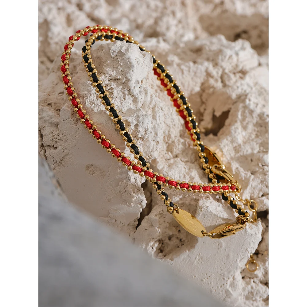 Exquisite Black Red Polyester Thread Handmade Chain Chic Thin Bracelet Bangle Stainless Steel Korean Dainty Jewelry Gift