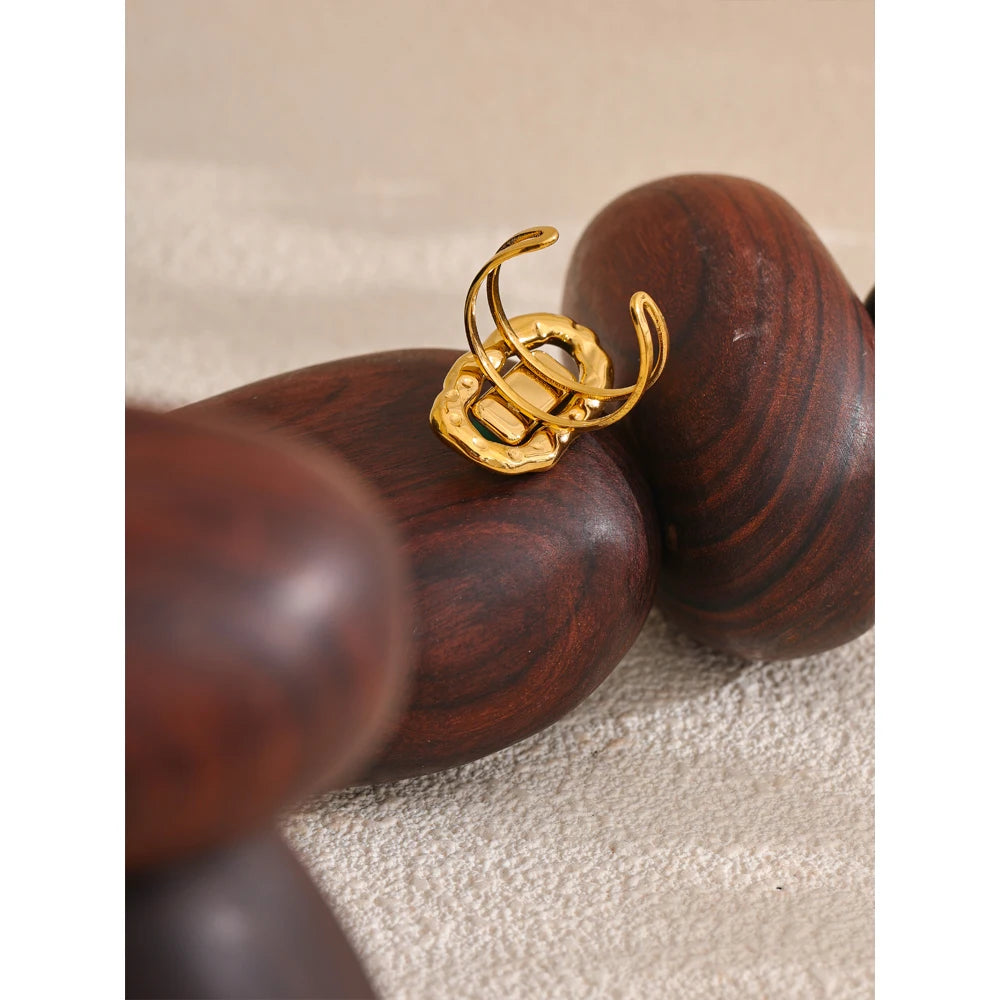 Natural Stone Green Agate Cuff Open Adjustable Ring 18K PVD Plated Stainless Steel Golden Fashion Finger Jewelry Gift