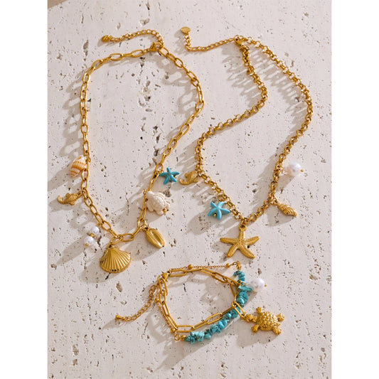 Ocean Style Starfish Shell Pendant Handmade Necklace Bracelet Summer Vacation Stainless Steel Jewelry Waterproof