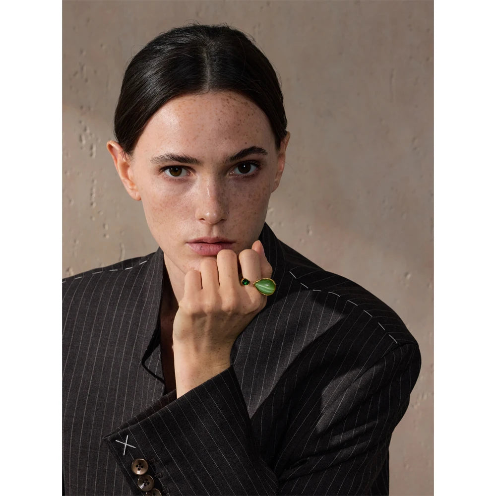 Arrival Green Natural Stone Zirconia Water Drop Geometric Golden Ring for Women Stainless Steel Stylish Jewelry Gift