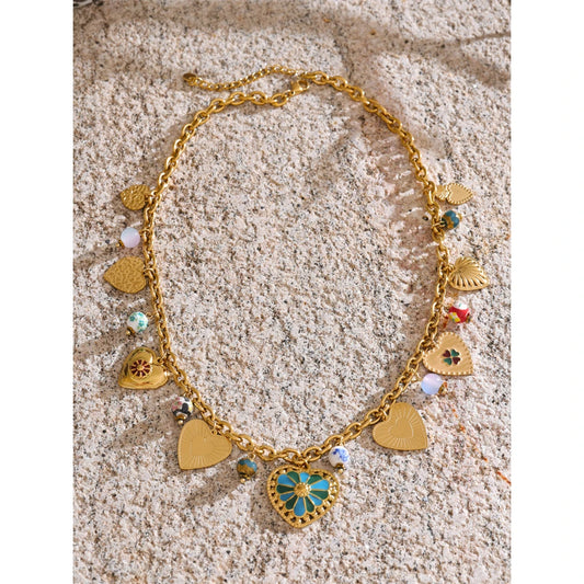 2025 Exquisite Stainless Steel Ceramic Beads Heart Love Drop Necklace High Quality Golden Charm Jewelry Recommend