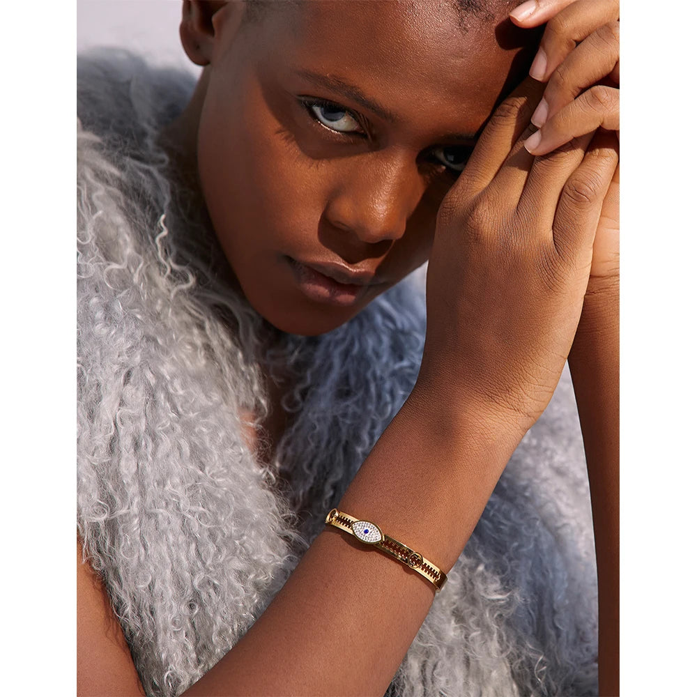 60mm Statement Evil Eye Stainless Steel Metal Cubic Zirconia Real Gold Plated Bangle Bracelet for Women Fashion Jewelry